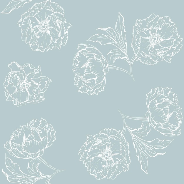 Вектор Ручной рисунок вектор бесшовный узор с бутонами цветов пиона и листьями, изолированными на белом фоне. дизайн для свадебных приглашений или поздравительных открыток.