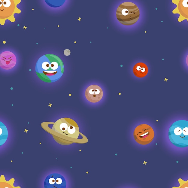 Hand drawn vector seamless pattern with solar system planets