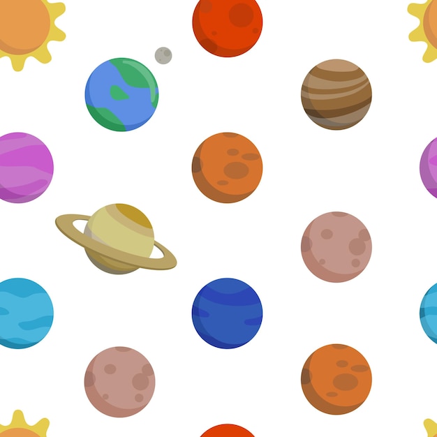 Vector hand drawn vector seamless pattern with sun, earth, solar system, planets, moon, mars and venus. cosmic ornament on the dark background.