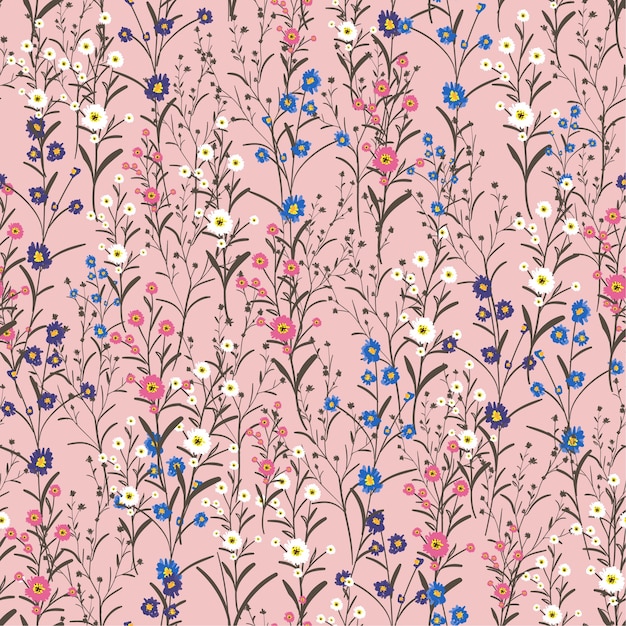 Hand-drawn vector seamless wild flowers and botanical pattern 