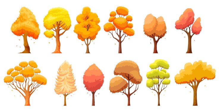 Vector the hand drawn vector set of autumn trees in different shades with falling leaves