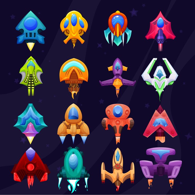 Vector hand drawn vector set of cartoon starships