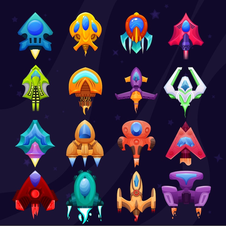 Vector hand drawn vector set of cartoon starships
