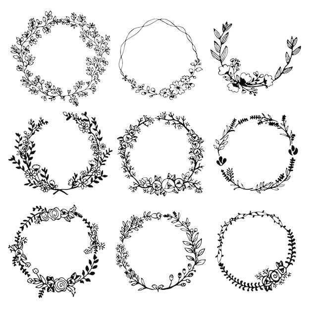 Hand drawn vector set of floral wreaths