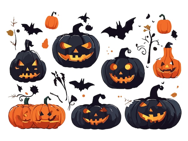 Hand drawn vector Set of Halloween scary pumpkins Flat style vector spooky creepy pumpkins