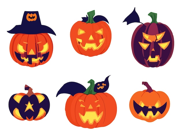 Hand drawn vector Set of Halloween scary pumpkins Flat style vector spooky creepy pumpkins