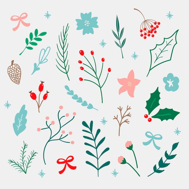 Hand drawn vector set of winter flowers, leaves, berries and branches isolated on background. winter collection for christmas and new year card, invitations and decoration.