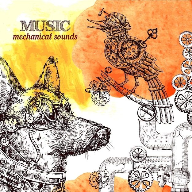 Hand drawn vector sketch of dog steampunk style illustration