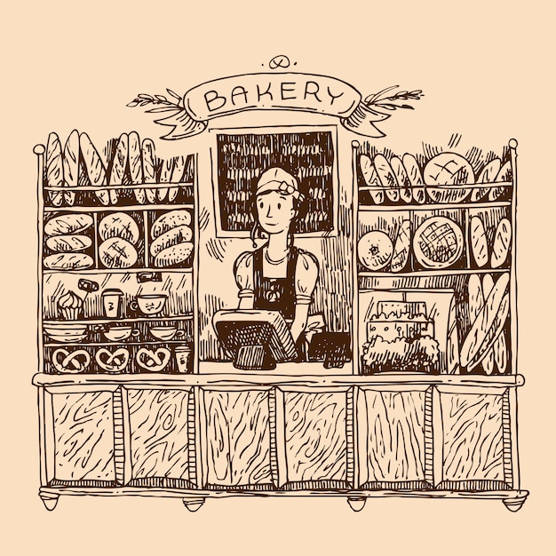 Vector hand drawn vector sketch interior of bakery shop