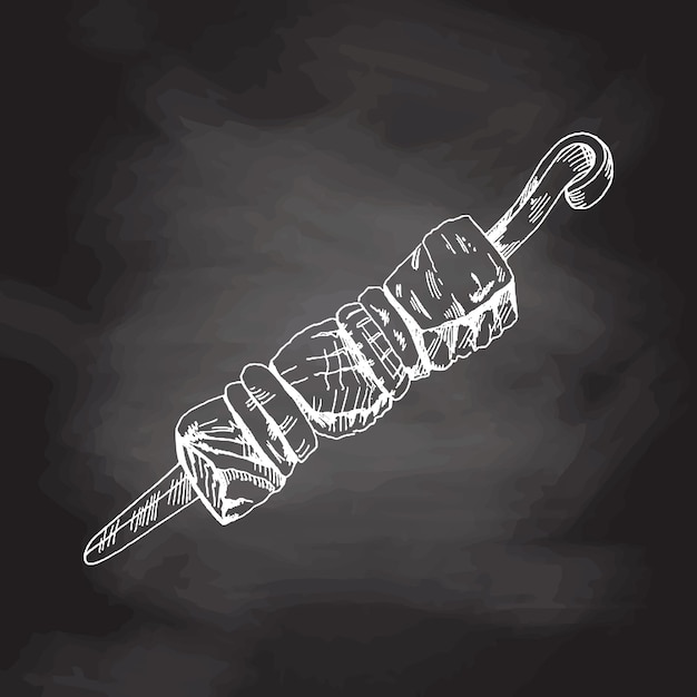 Vector hand drawn vector sketch of kebab shashlik grilled on a skewer food meat on chalkboard backgroun