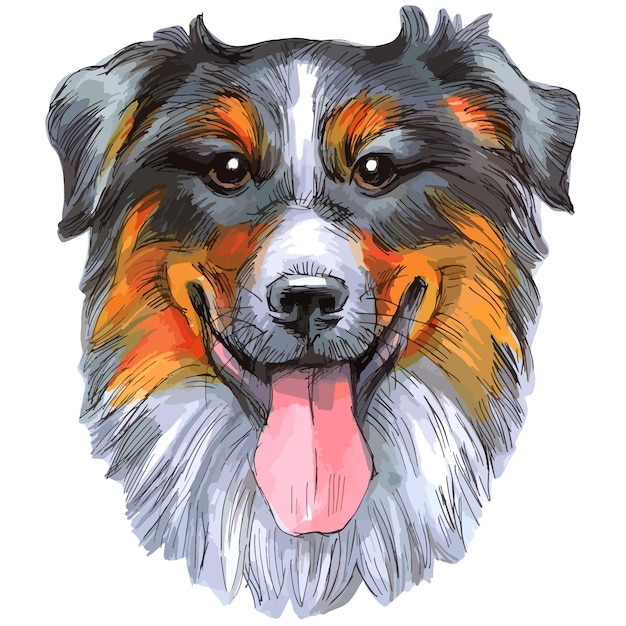 귀여운 웃는 강아지 초상화의 손으로 그린된 벡터 스케치 마커 그림