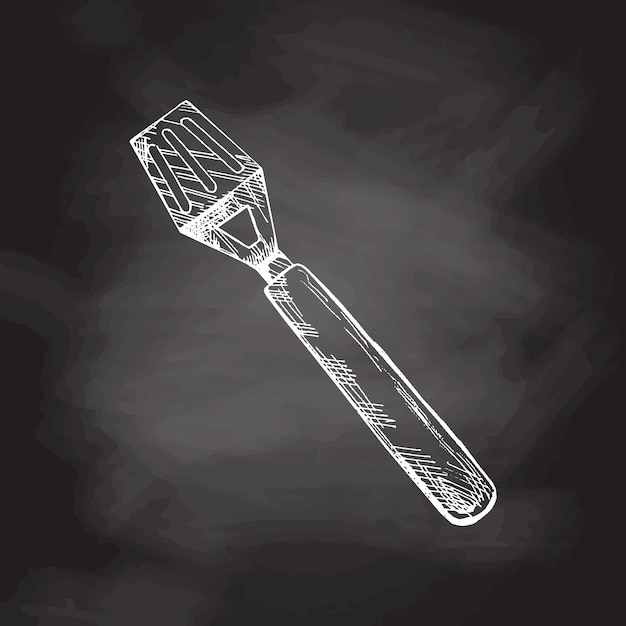 Hand drawn vector sketch of metal barbecue spatula with wooden handle on chalkboard background