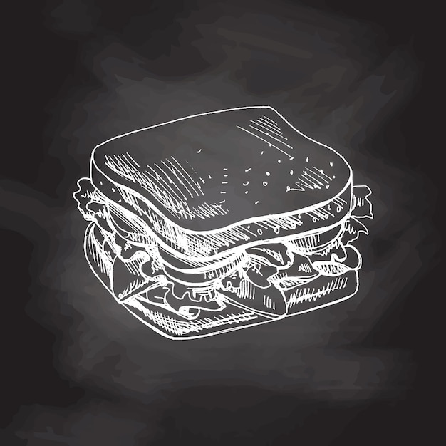 Hand drawn vector sketch of a piece of sandwich with vegetables cheese meat Doodle vintage illustration isolated on chalkboard background