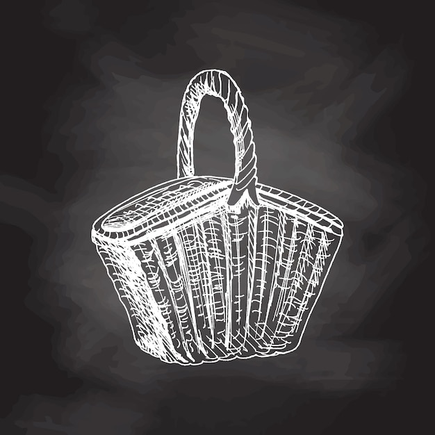 Hand drawn vector sketch of a wicker picnic basket Doodle vintage illustration isolated on chalkboard background Engraved immage