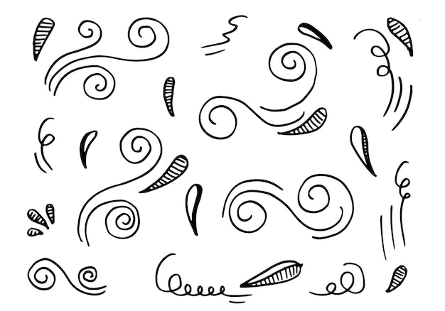 Vector hand drawn vector sketchy doodle cartoon set of curls and swirls decorative elements