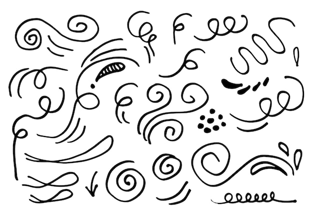 Hand drawn vector sketchy Doodle cartoon set of curls and swirls.