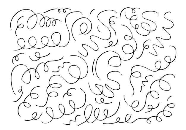 Hand drawn vector sketchy Doodle cartoon set of curls and swirls.