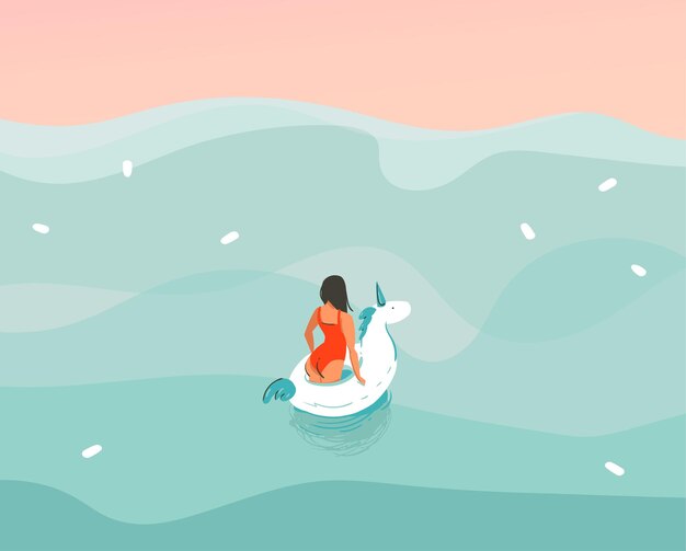 Hand drawn vector stock abstract graphic illustration with a girl in a swimsuit swimming with a unicorn rubber ring isolated on ocean wave background