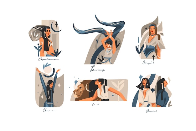 Disegnato a mano vettoriali stock illustrazioni grafiche astratte con insieme di raccolta segni zodiacali astrologici contemporanei, personaggi femminili magici di bellezza, clipart boho design isolato su priorità bassa bianca.