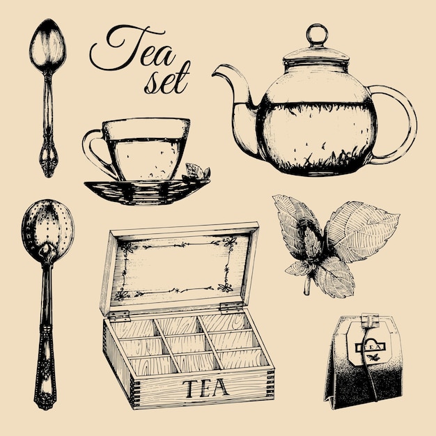 Hand drawn vector tea set Illustrations collection of kitchen glass and silver appliances in sketch style cuppot etc
