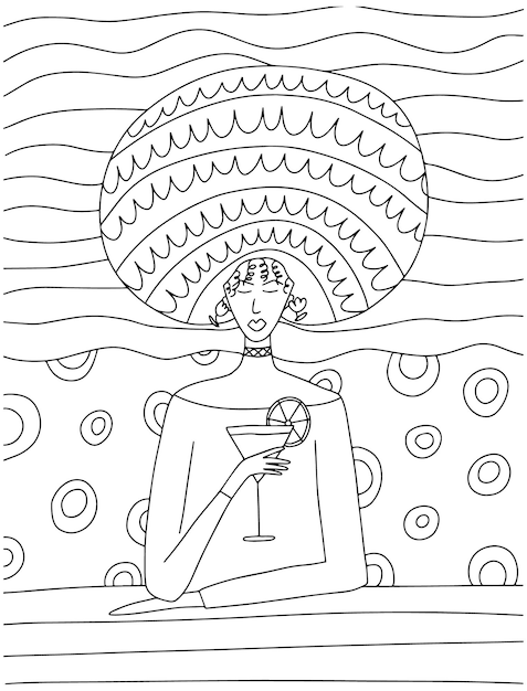 Hand drawn vector woman with cocktail in hand African woman holding glass with cocktail coloring page