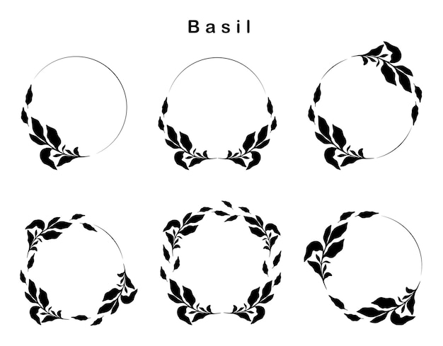 Hand drawn vector wreath with ink basil kitchen herbs isolated on white background