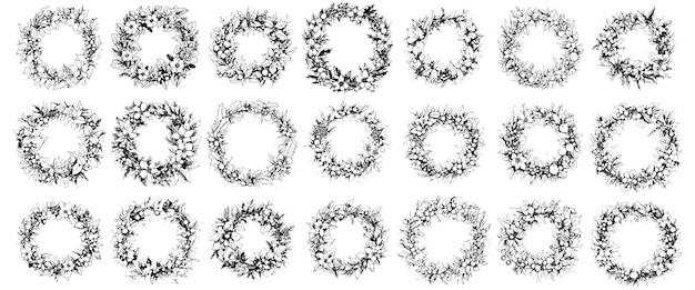 Hand drawn vector wreaths round frames with fir and pine branches for winter season design set