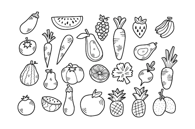 Hand Drawn Vegetable and fruit set in flat style