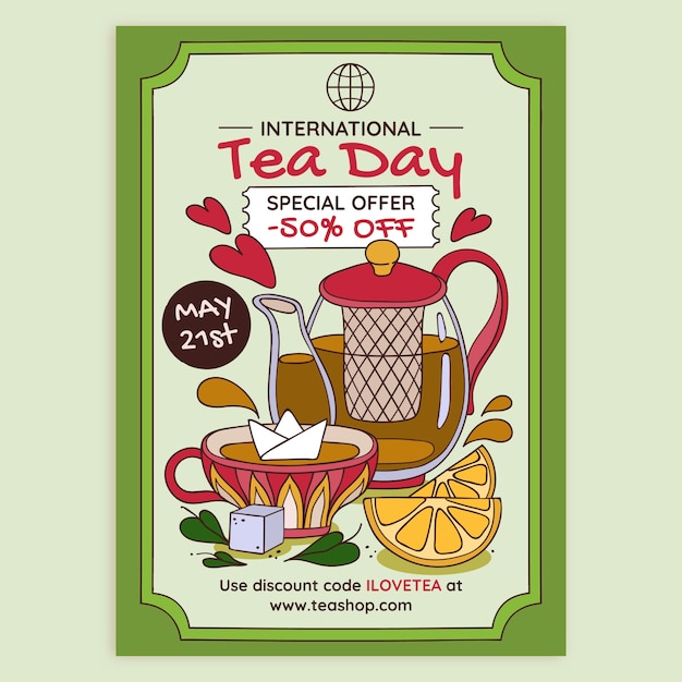 Vettore modello di poster verticale disegnato a mano per la giornata internazionale del tè