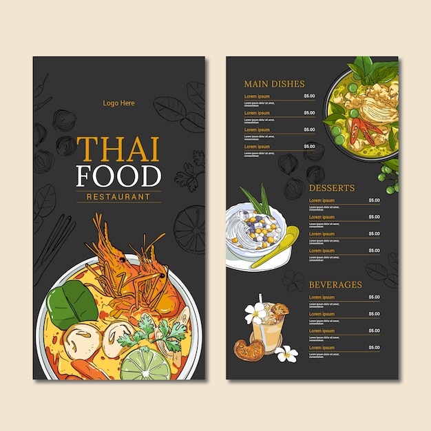 Vector hand drawn vertical thai food menu template