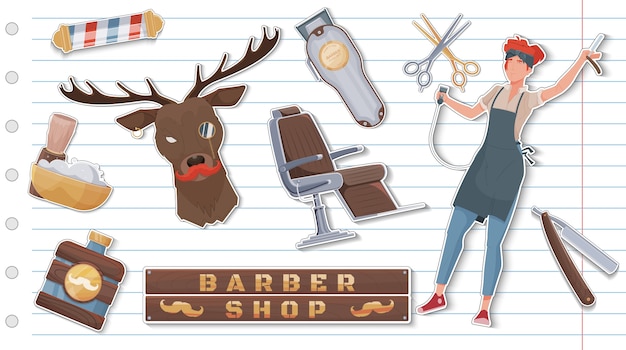 Vector hand drawn vintage barbershop elements with stickers collection