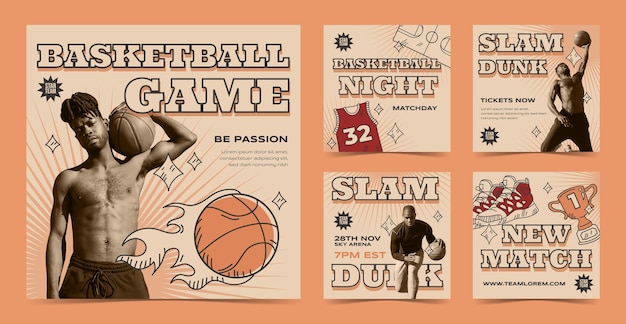 Vector hand drawn vintage basketball instagram posts