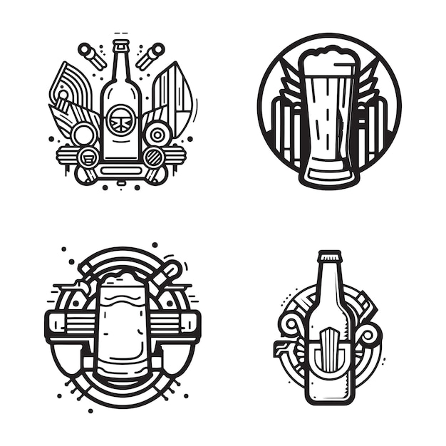 Vector hand drawn vintage beer logo in flat line art style