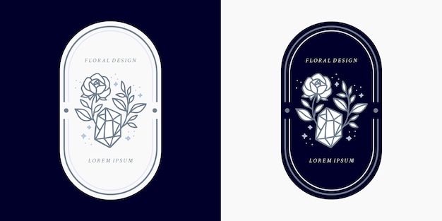 手描きのヴィンテージブルークリスタル、宝石、葉、バラの花のロゴのテンプレート、および女性の美しさのブランド要素