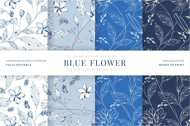 Vector hand drawn vintage blue flower seamless pattern pack
