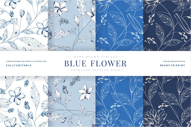 hand drawn vintage blue flower seamless pattern pack