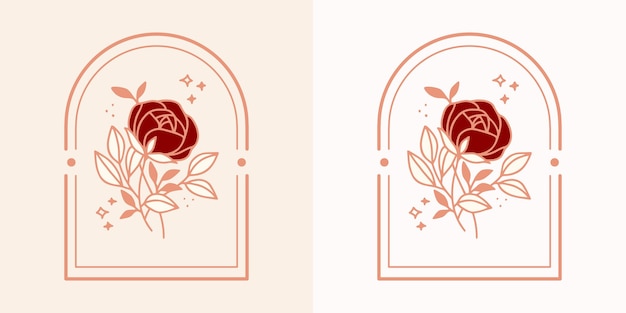 Hand drawn vintage botanical rose flower logo and elegant beauty brand element