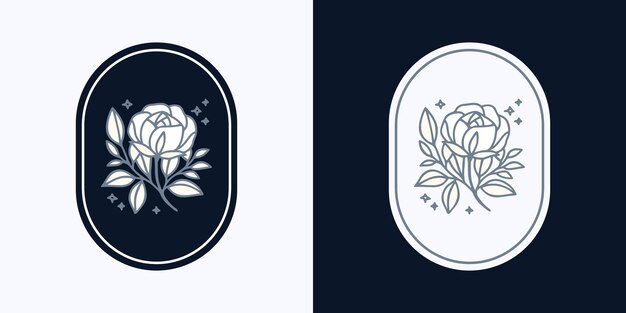 手描きのヴィンテージ植物のバラの花のロゴのテンプレートとフェミニンな美しさのブランド要素セット