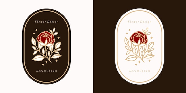 Hand drawn vintage botanical rose flower logo template and feminine beauty brand element set