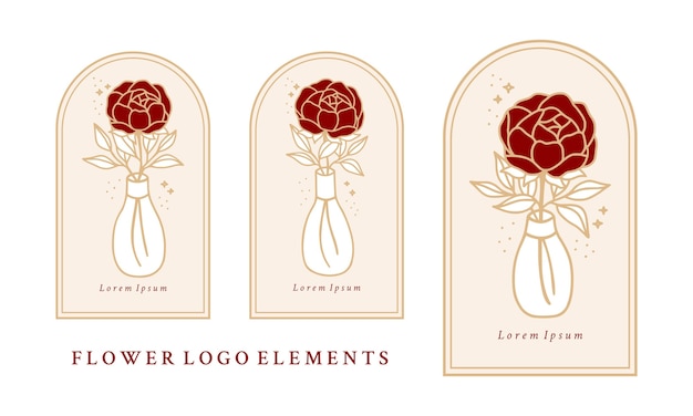 Vector hand drawn vintage botanical rose, peony flower logo template, bottle, jar, and feminine beauty brand element collection