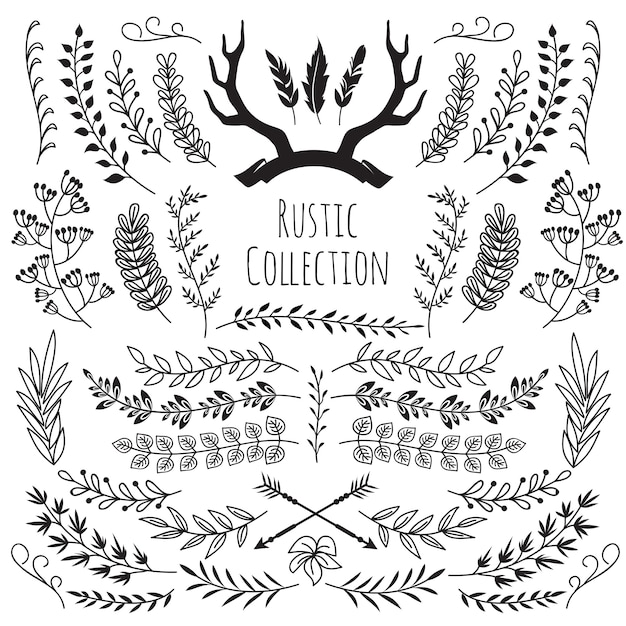 Hand drawn vintage branches, wreath border frames antlers, feathers, arrows. rustic floral decorative wedding vector