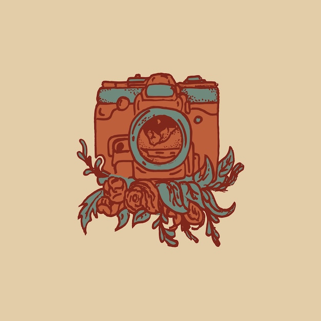 Vector hand drawn vintage camera illustration with floral ornament