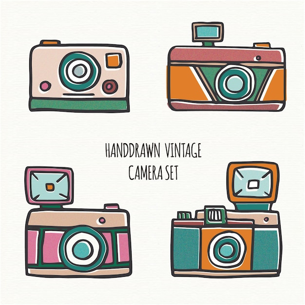 Vector hand drawn vintage camera set