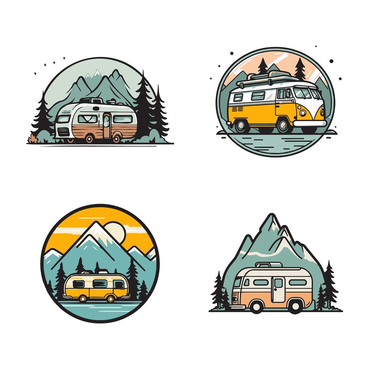 Vector hand drawn vintage camping van logo in flat line art style