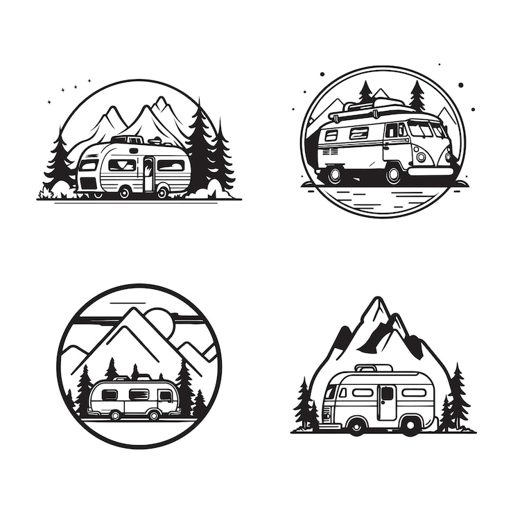 Vector hand drawn vintage camping van logo in flat line art style