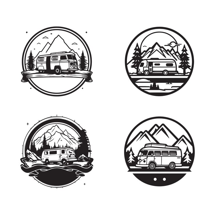 Vector hand drawn vintage camping van logo in flat line art style