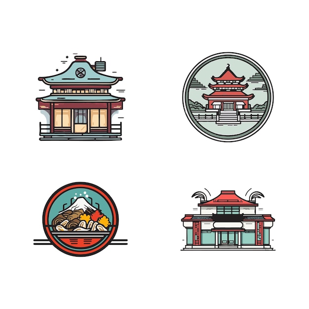 Hand drawn vintage chinese or japanese restaurant in flat line art style