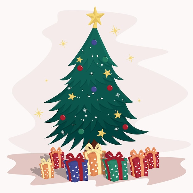 hand drawn vintage christmas tree with gifts