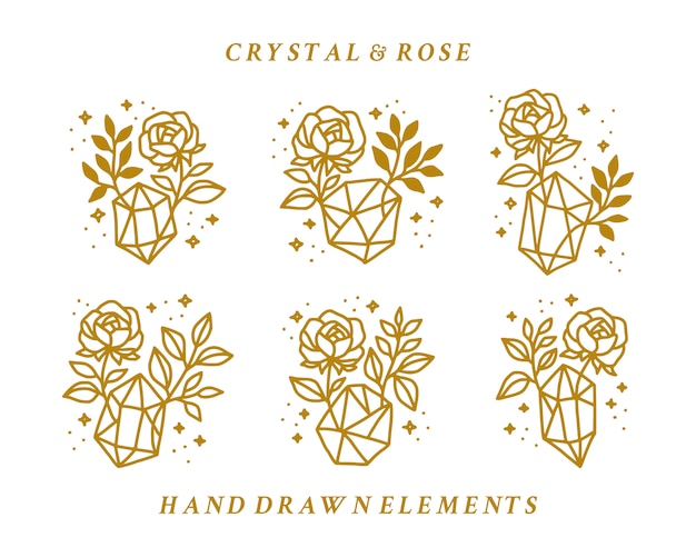 Hand drawn vintage crystal and gold rose flower logo element