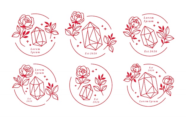 Collezione di elementi logo in cristallo vintage e fiore rosa disegnati a mano